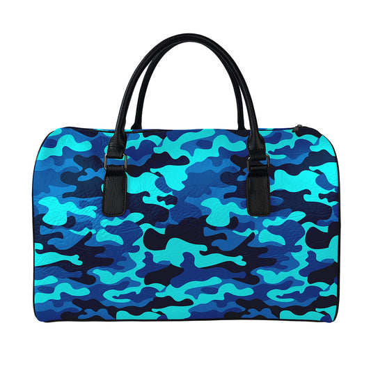 Blue And Black Camouflage Print Leather Duffle Bag