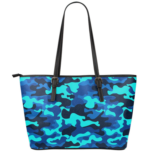 Blue And Black Camouflage Print Leather Tote Bag