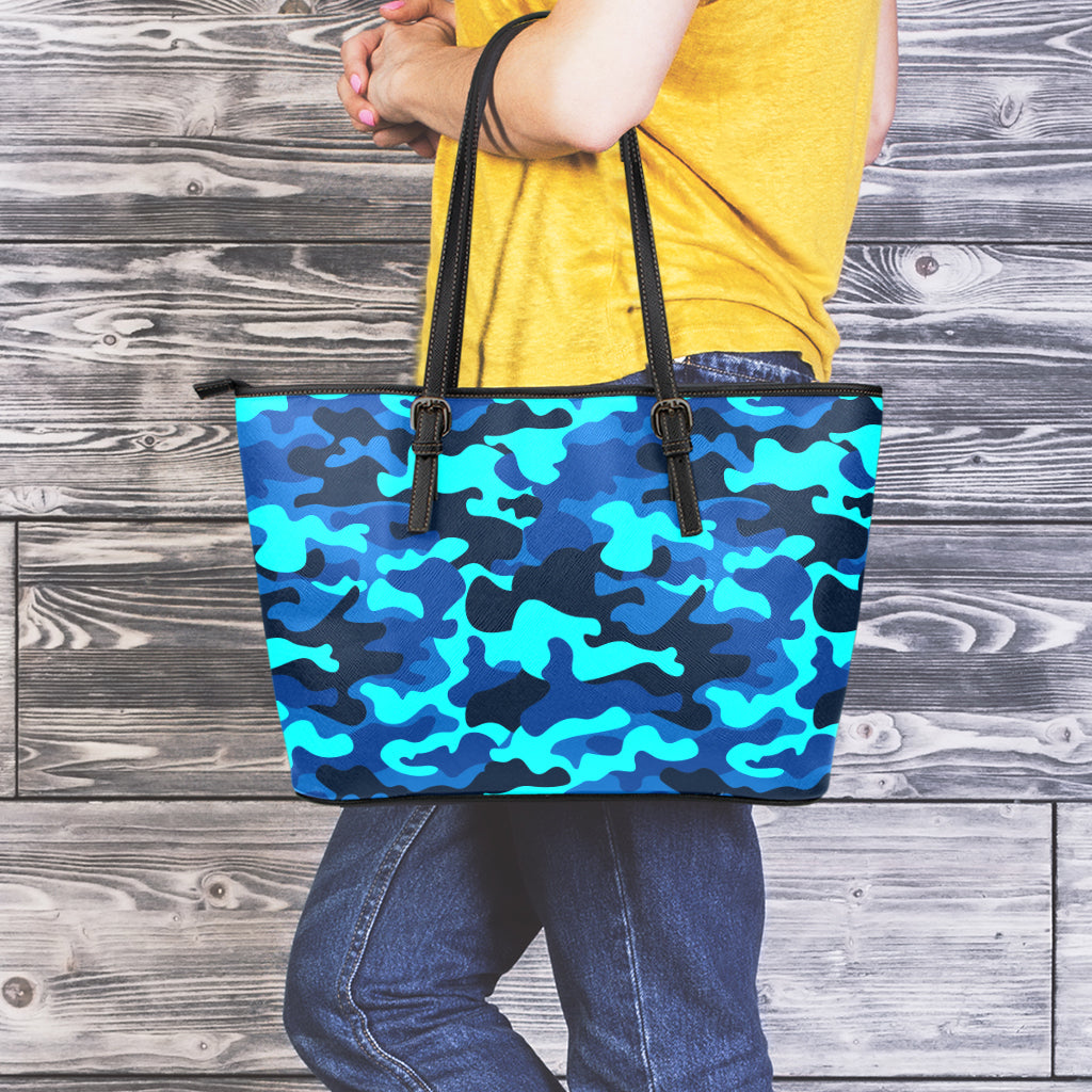 Blue And Black Camouflage Print Leather Tote Bag