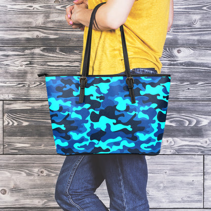Blue And Black Camouflage Print Leather Tote Bag