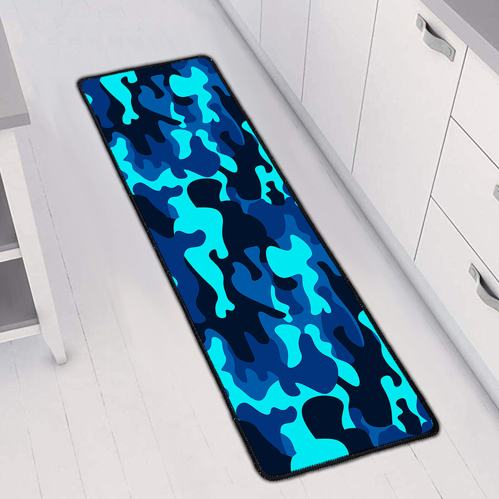 Blue And Black Camouflage Print Long Kitchen Mat