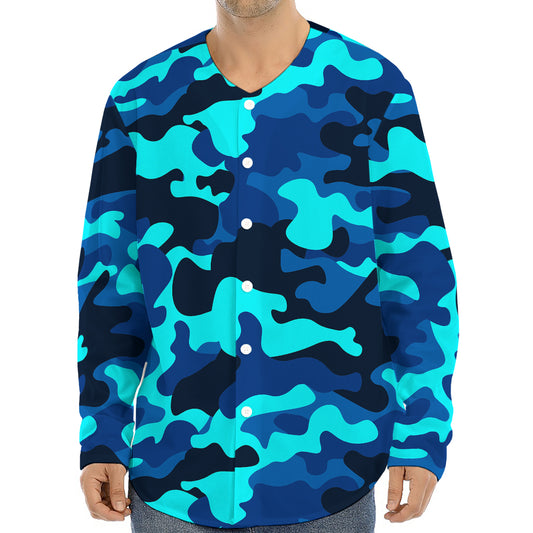 Blue And Black Camouflage Print Long Sleeve Baseball Jersey