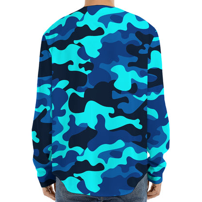 Blue And Black Camouflage Print Long Sleeve Baseball Jersey