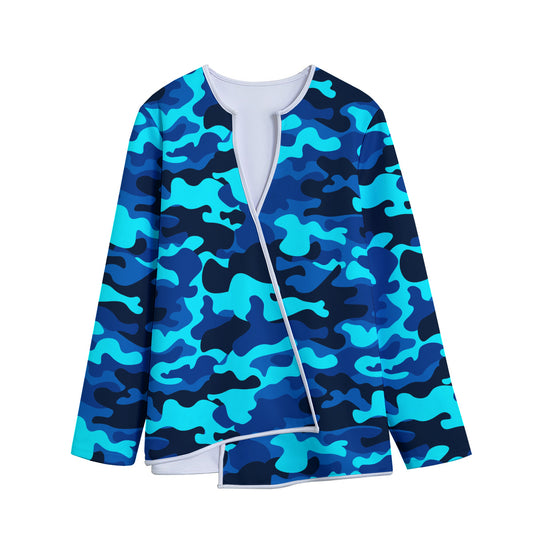 Blue And Black Camouflage Print Long Sleeve Short Coat