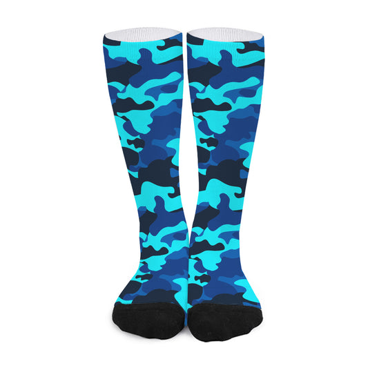 Blue And Black Camouflage Print Long Socks