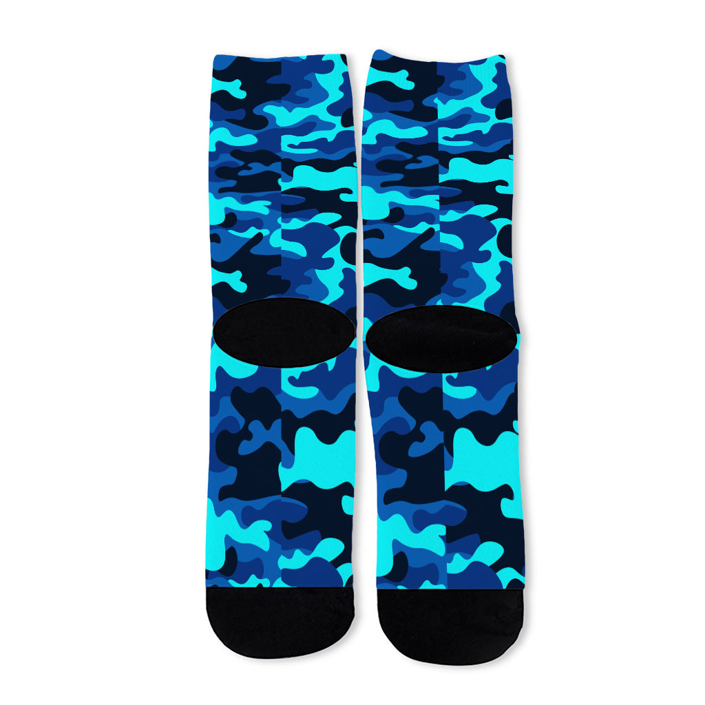 Blue And Black Camouflage Print Long Socks