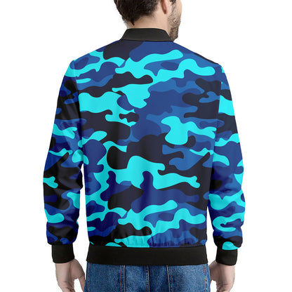 Blue And Black Camouflage Print Men's Bomber Jacket