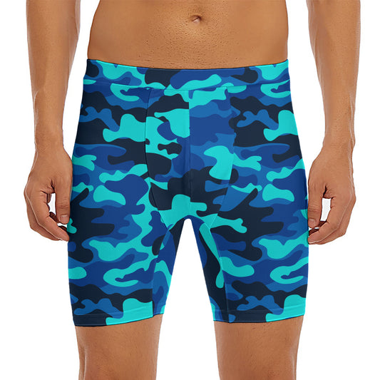 Blue And Black Camouflage Print Men's Long Boxer Briefs