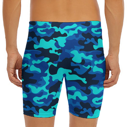 Blue And Black Camouflage Print Men's Long Boxer Briefs