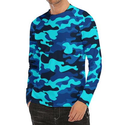 Blue And Black Camouflage Print Men's Long Sleeve Rash Guard