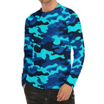 Blue And Black Camouflage Print Men's Long Sleeve Rash Guard