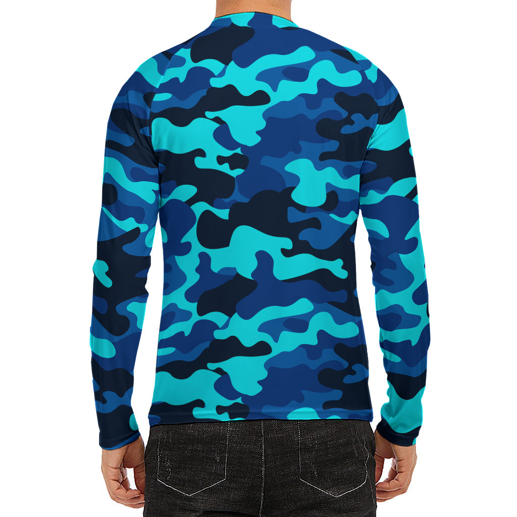 Blue And Black Camouflage Print Men's Long Sleeve Rash Guard