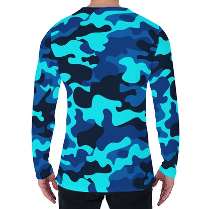 Blue And Black Camouflage Print Men's Long Sleeve T-Shirt