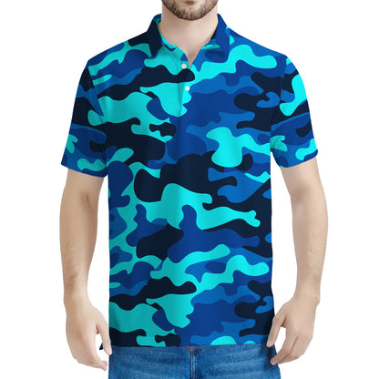 Blue And Black Camouflage Print Men's Polo Shirt