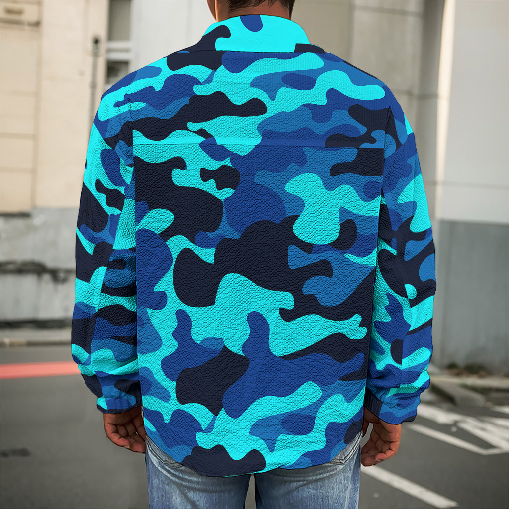 Blue And Black Camouflage Print Men's Shirt Jacket
