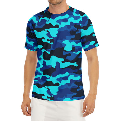 Blue And Black Camouflage Print Men's Short Sleeve Rash Guard