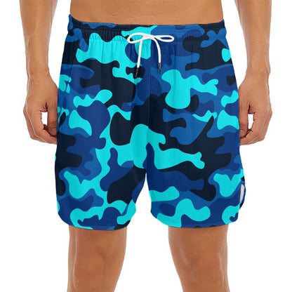 Blue And Black Camouflage Print Men's Split Running Shorts