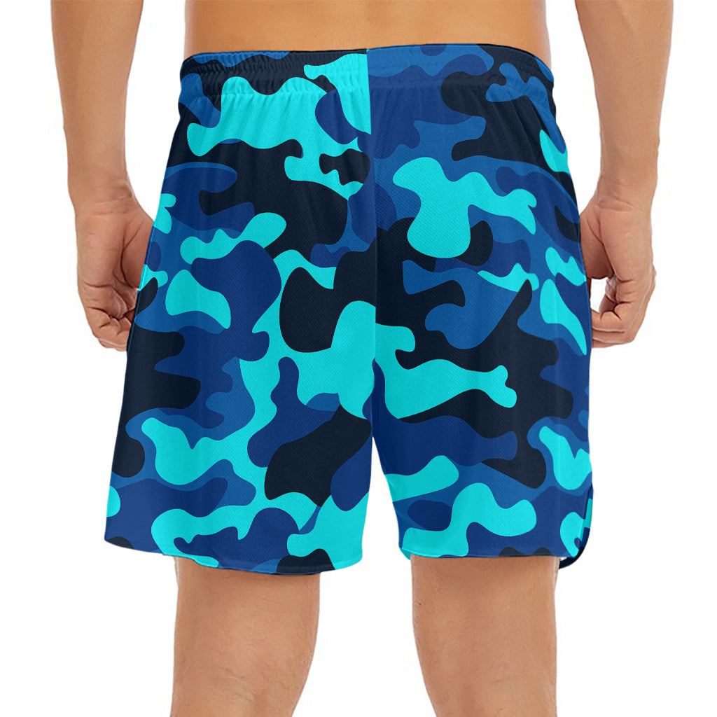 Blue And Black Camouflage Print Men's Split Running Shorts