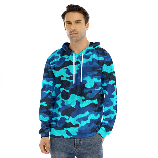 Blue And Black Camouflage Print Men's Velvet Pullover Hoodie