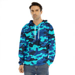 Blue And Black Camouflage Print Men's Velvet Pullover Hoodie