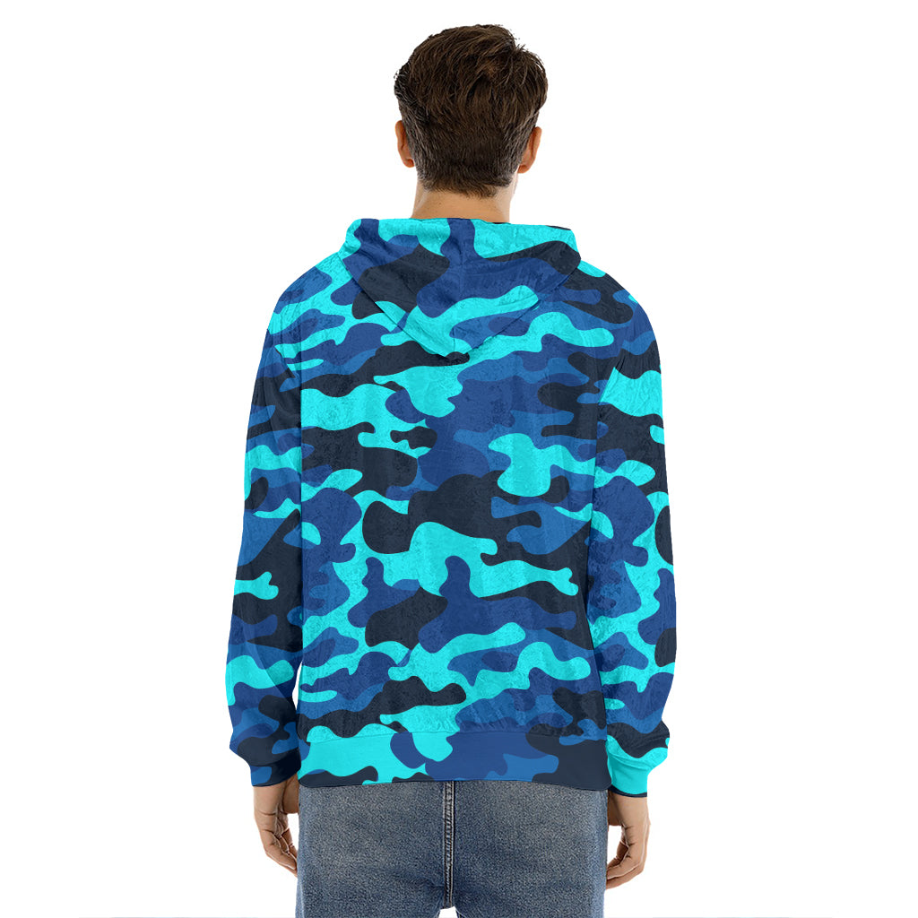 Blue And Black Camouflage Print Men's Velvet Pullover Hoodie