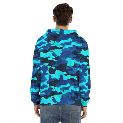 Blue And Black Camouflage Print Men's Velvet Pullover Hoodie