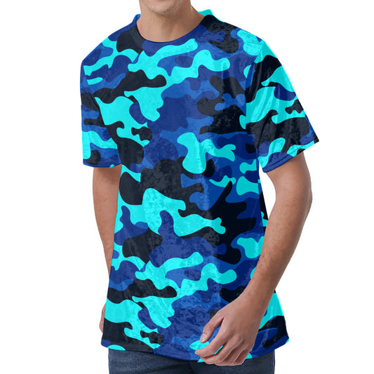 Blue And Black Camouflage Print Men's Velvet T-Shirt