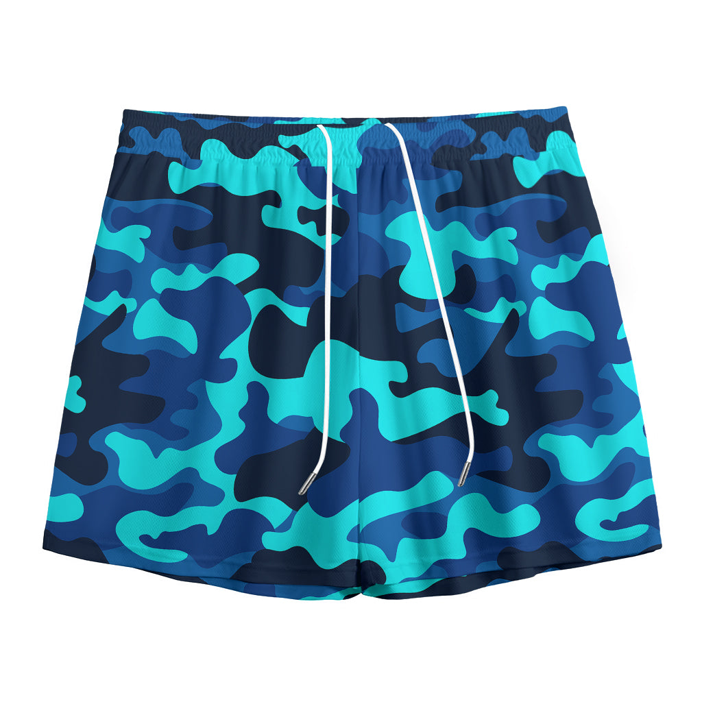 Blue And Black Camouflage Print Mesh Shorts