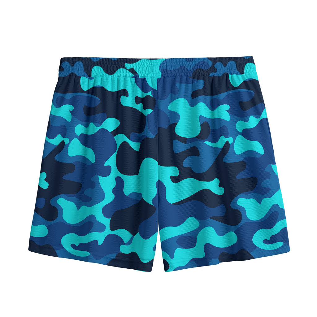 Blue And Black Camouflage Print Mesh Shorts