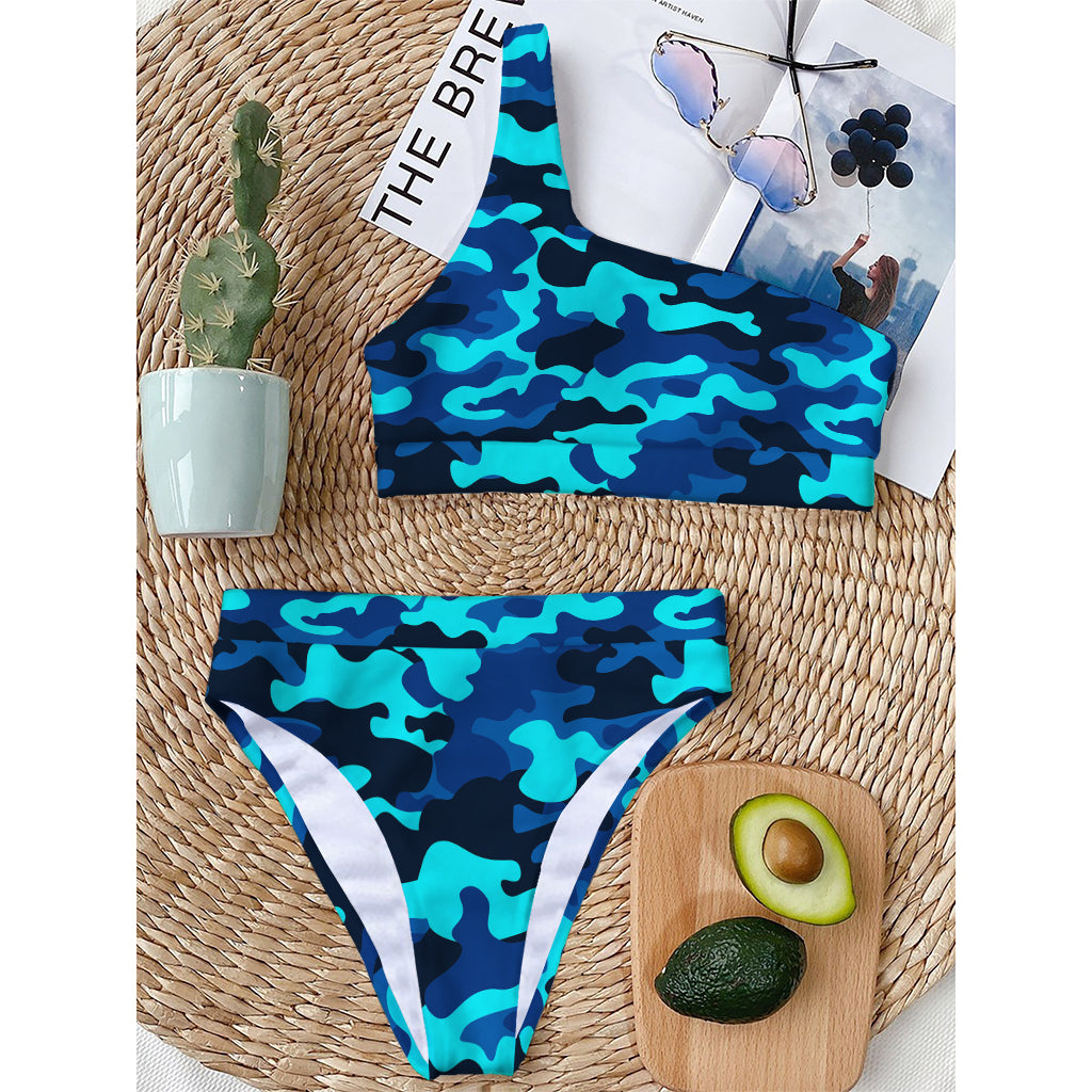 Blue And Black Camouflage Print One Shoulder Bikini Top