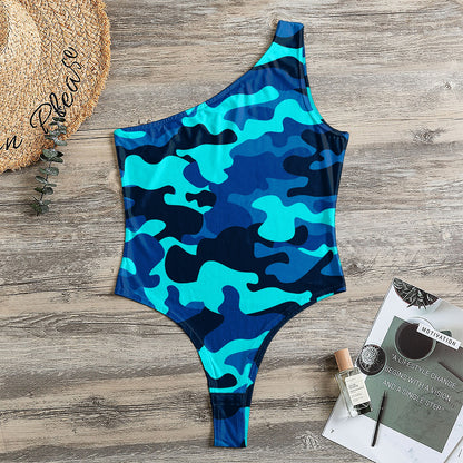 Blue And Black Camouflage Print One Shoulder Bodysuit