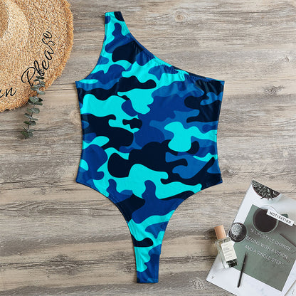Blue And Black Camouflage Print One Shoulder Bodysuit