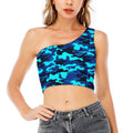 Blue And Black Camouflage Print One Shoulder Crop Top