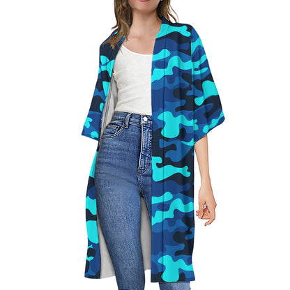 Blue And Black Camouflage Print Open Front Beach Cover Up