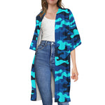Blue And Black Camouflage Print Open Front Beach Cover Up