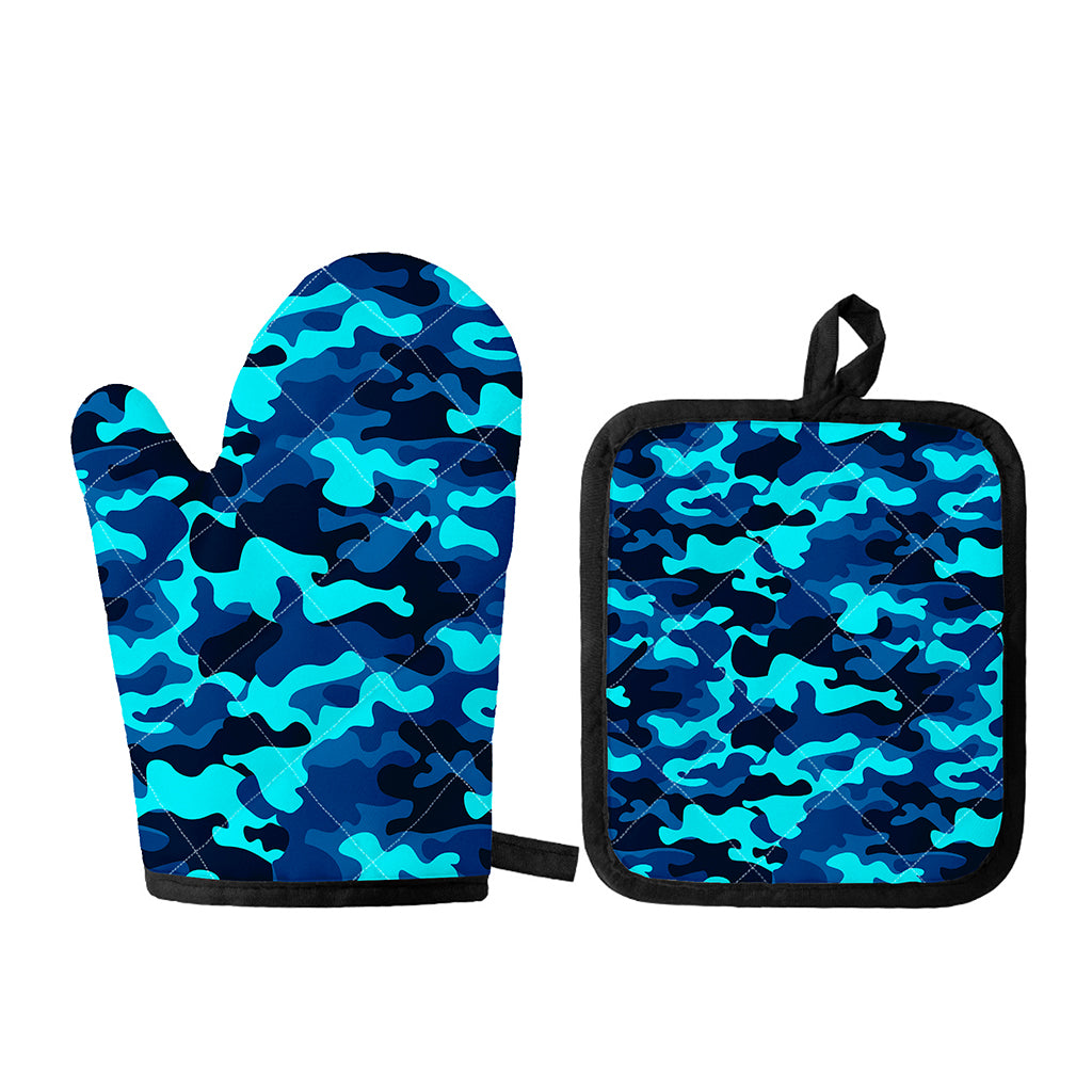 Blue And Black Camouflage Print Oven Mitt And Pot Holder Set