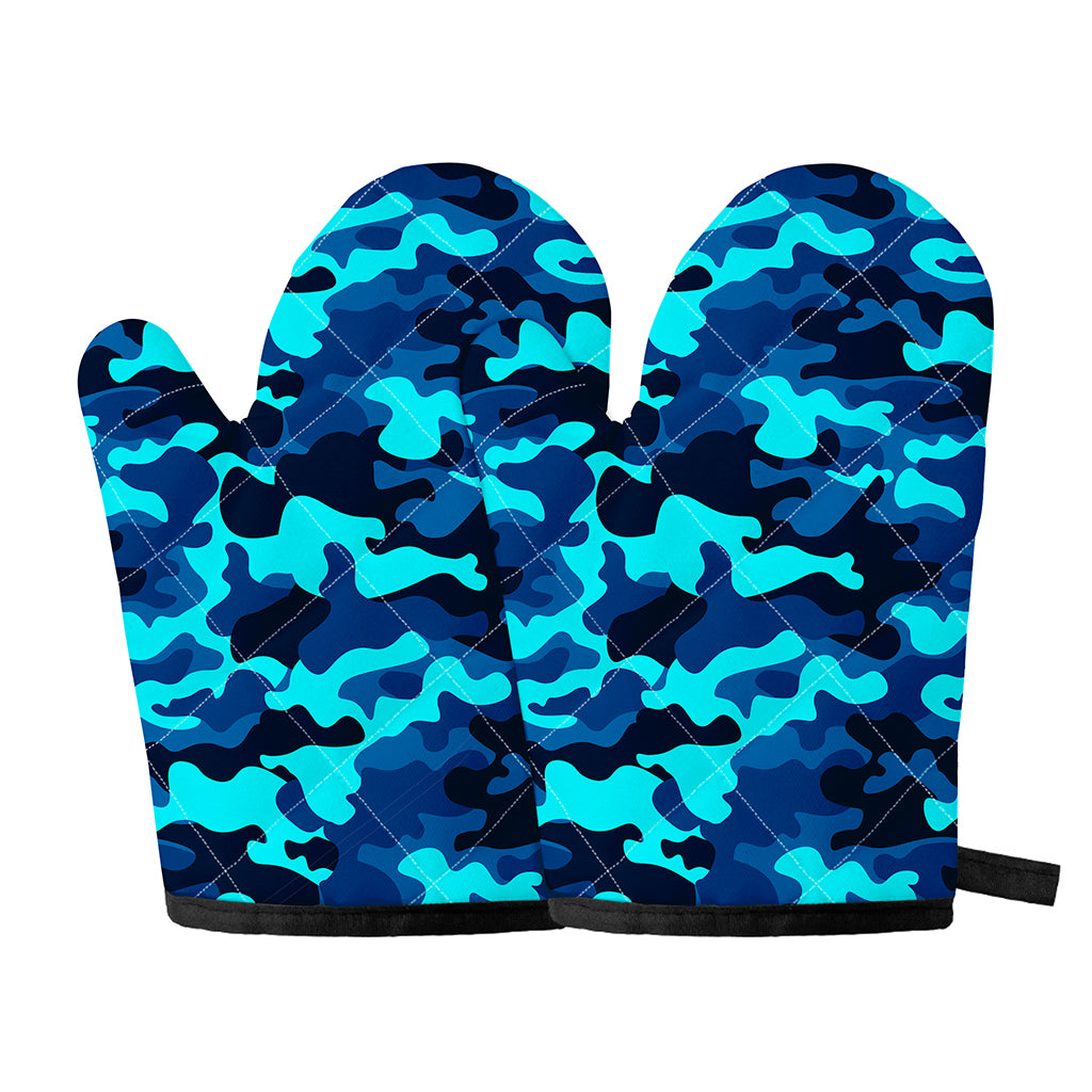 Blue And Black Camouflage Print Oven Mitts