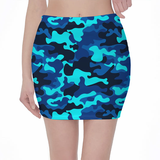 Blue And Black Camouflage Print Pencil Mini Skirt