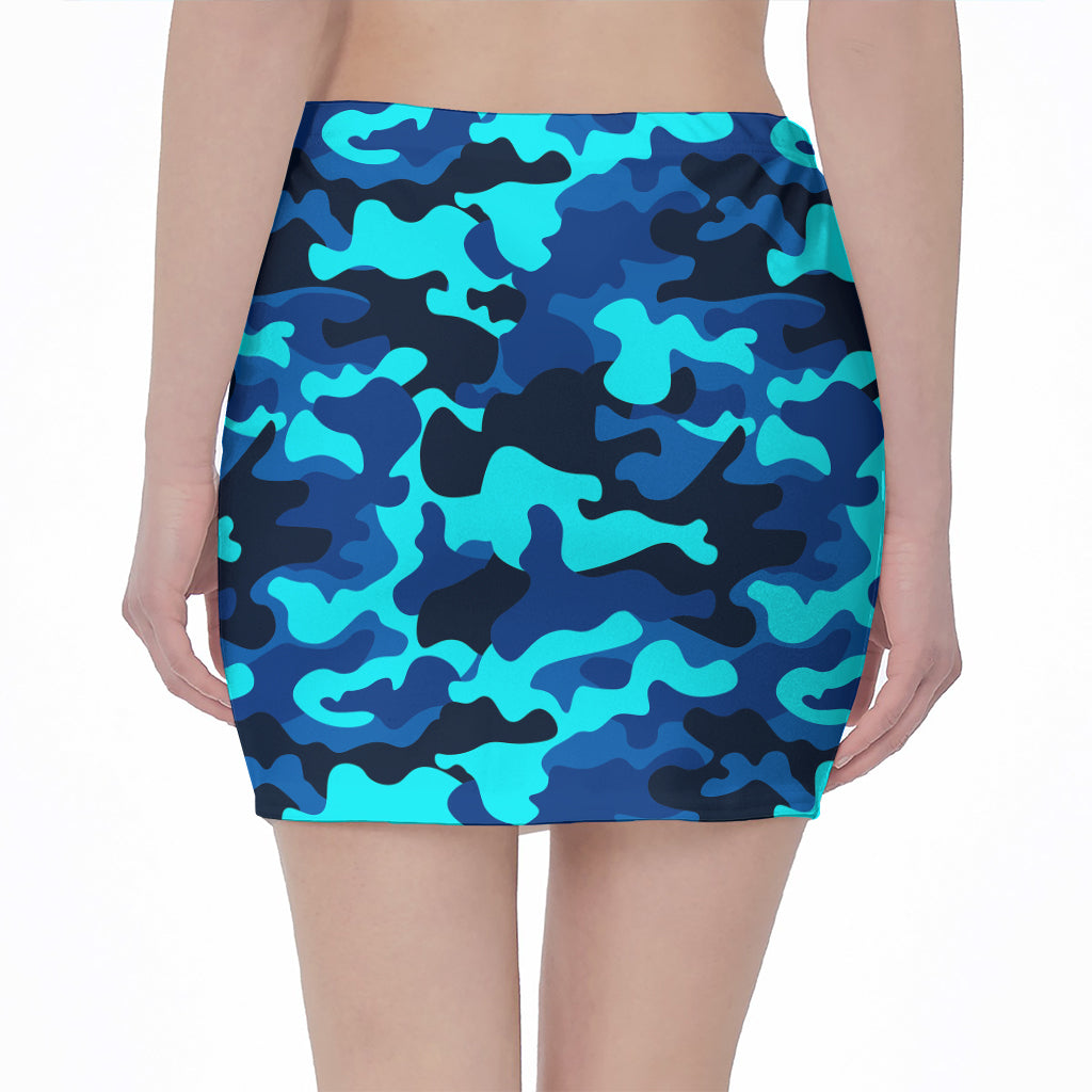 Blue And Black Camouflage Print Pencil Mini Skirt