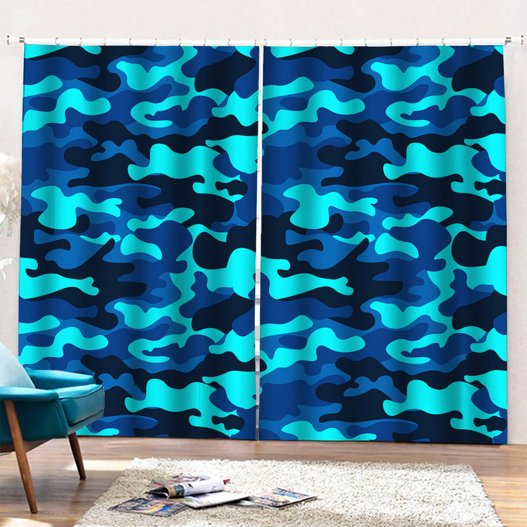Blue And Black Camouflage Print Pencil Pleat Curtains