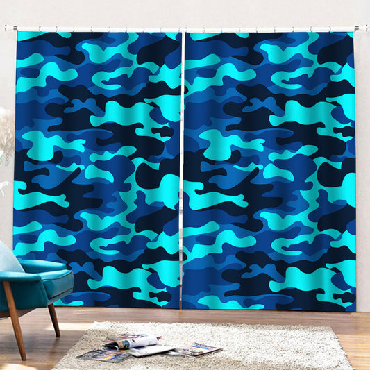 Blue And Black Camouflage Print Pencil Pleat Curtains