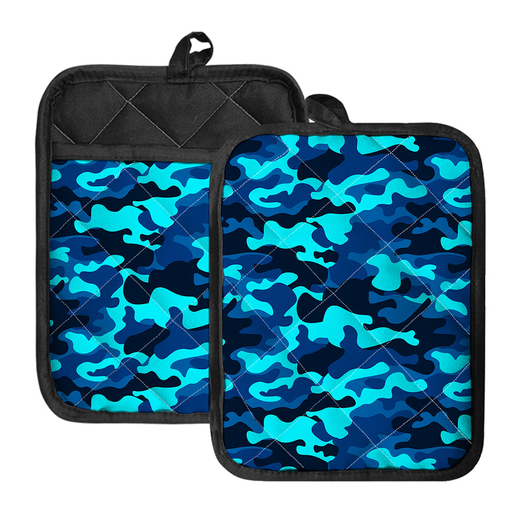 Blue And Black Camouflage Print Pot Holders With Pocket