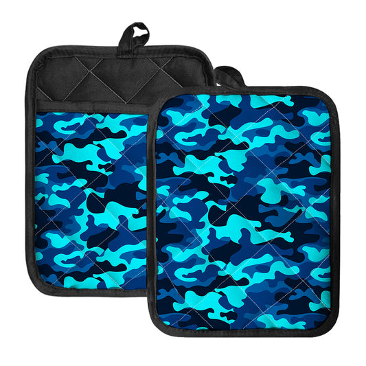 Blue And Black Camouflage Print Pot Holders With Pocket