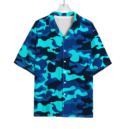 Blue And Black Camouflage Print Rayon Hawaiian Shirt