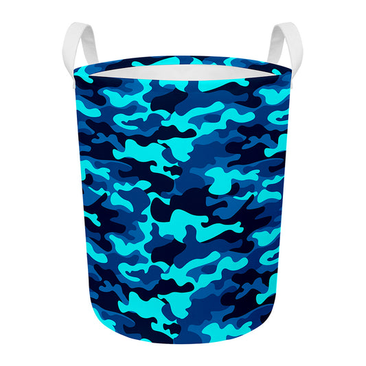 Blue And Black Camouflage Print Round Laundry Basket