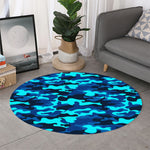 Blue And Black Camouflage Print Round Rug