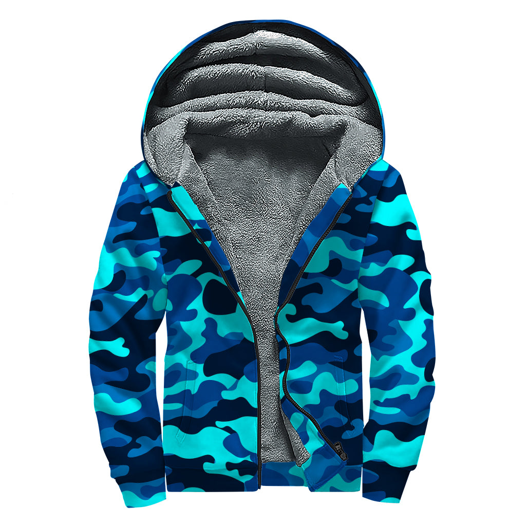 Blue And Black Camouflage Print Sherpa Lined Zip Up Hoodie