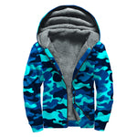 Blue And Black Camouflage Print Sherpa Lined Zip Up Hoodie