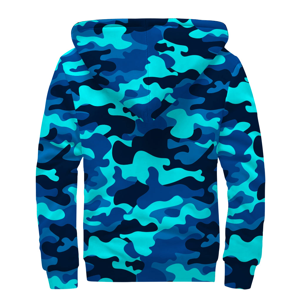 Blue And Black Camouflage Print Sherpa Lined Zip Up Hoodie