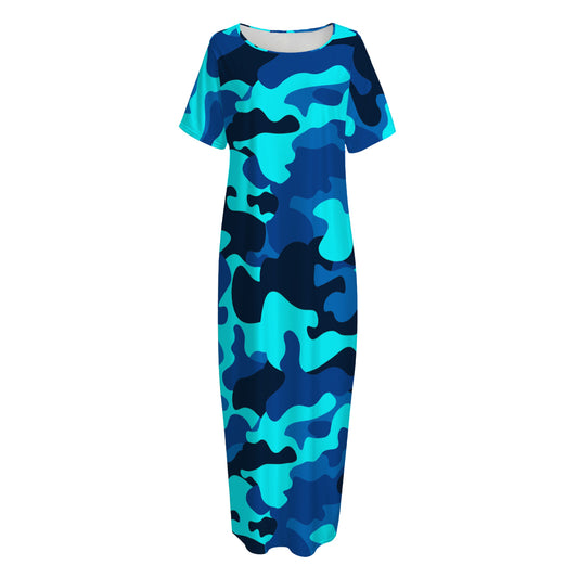 Blue And Black Camouflage Print Short Sleeve Long Nightdress